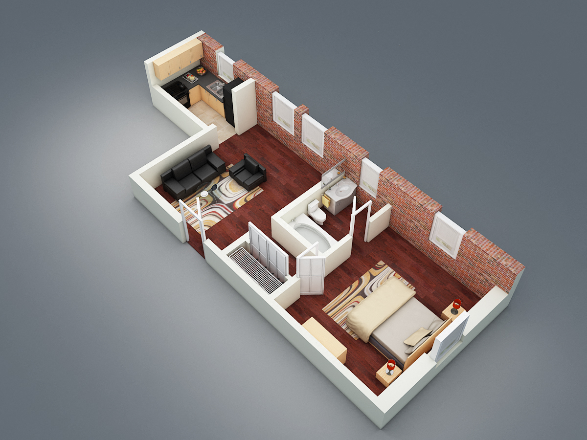 Floor plan for 1 bed, 1 bath, 540 sqft